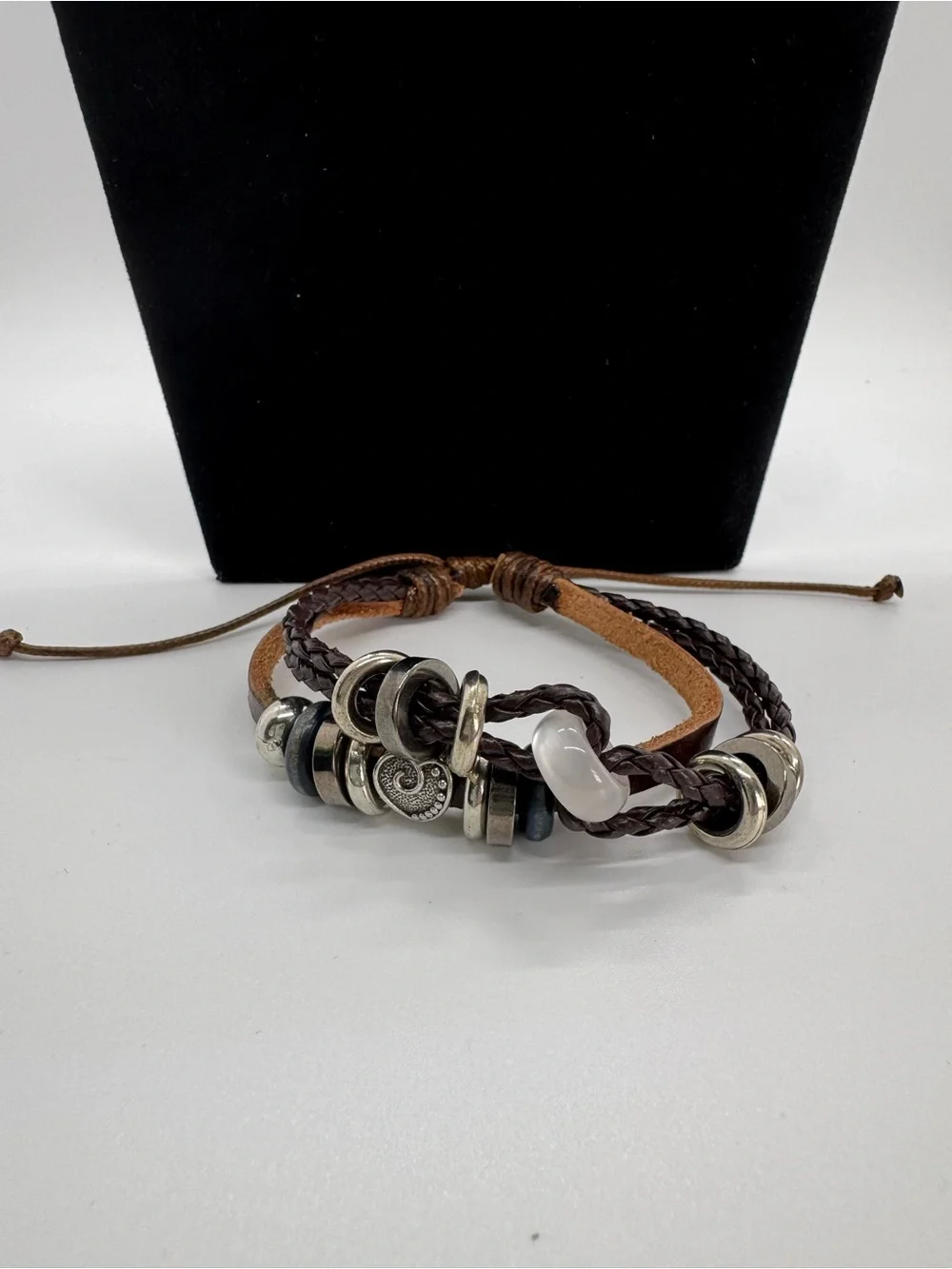 Brown Braided Leather Unisex Bracelet with multi Accents- Pullcord style